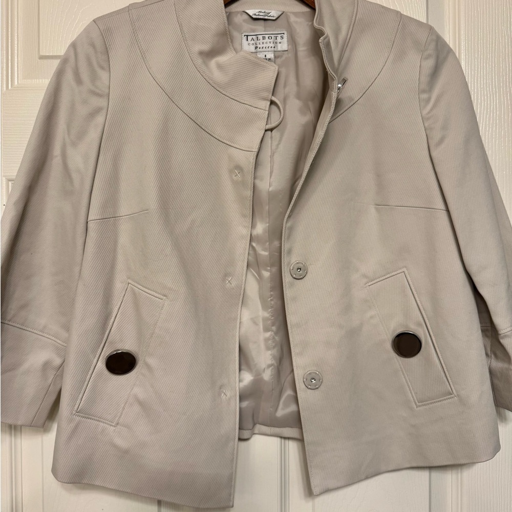 Talbots Cream Cropped Collarless Blazer with Dark Button Accents